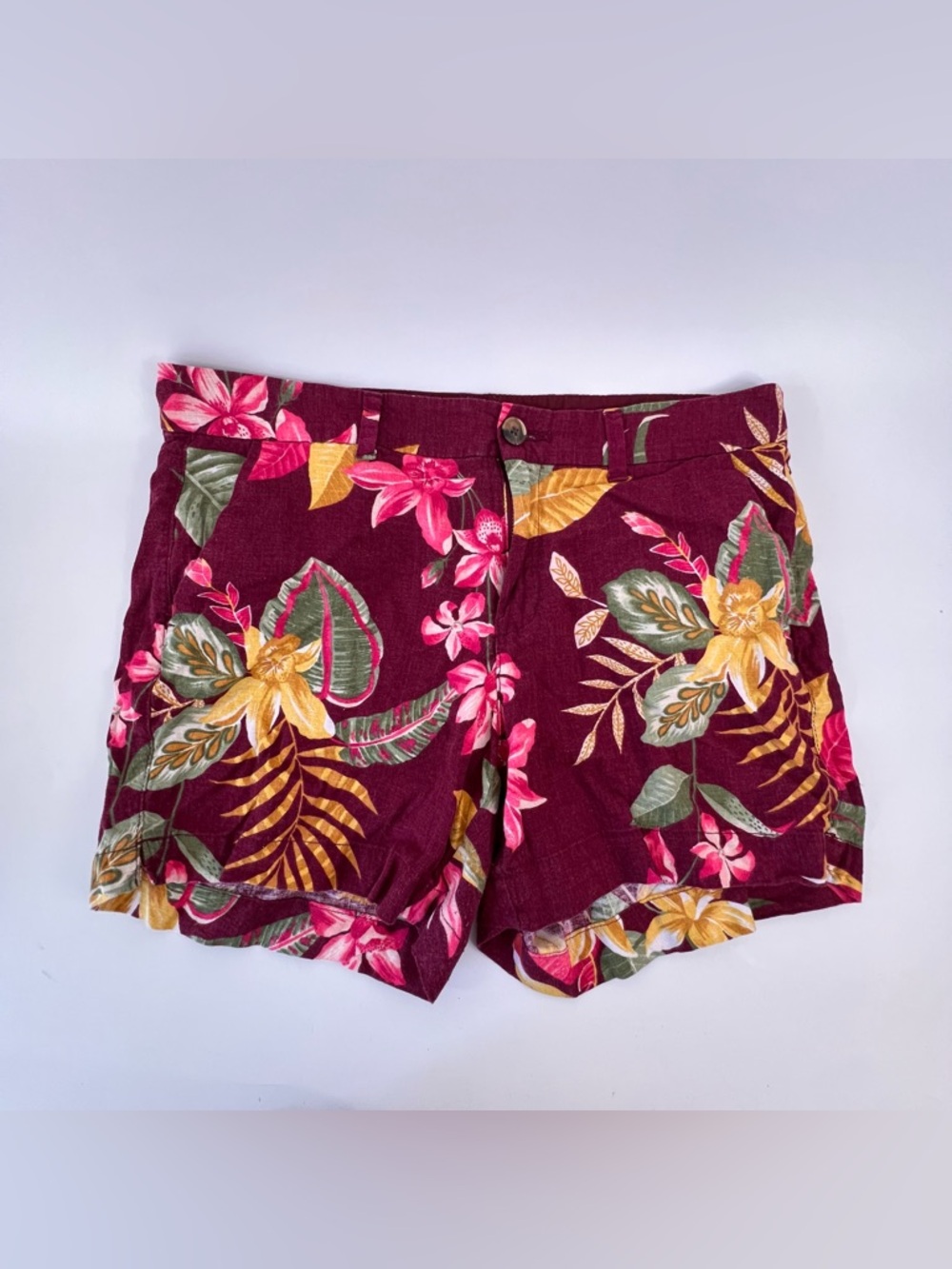 Old Navy Every Day Short Burgundy Floral Linen Blend Woman’s 12 Tropical Preppy